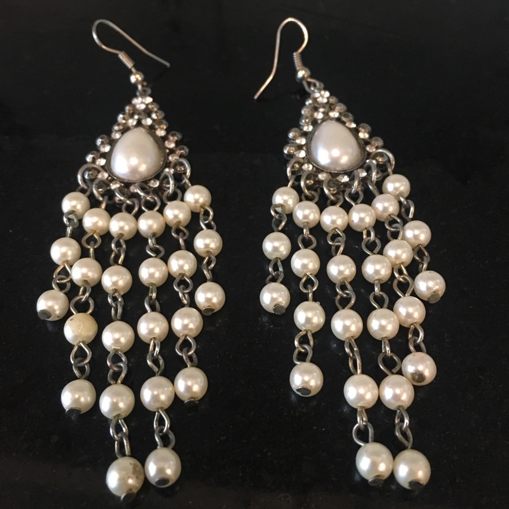 Faux Pearl and Rhinestone Chandelier Earrings